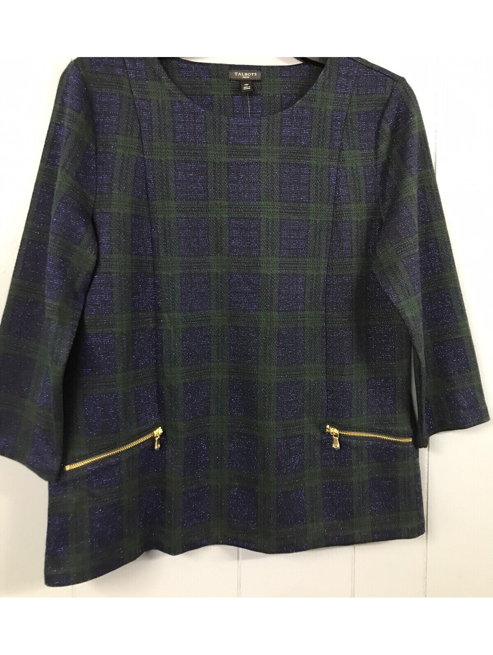 Talbots Long Sleeve Shirt. Fitted. Green & Blue Blocks. Zippers. Size PM.  NWT.